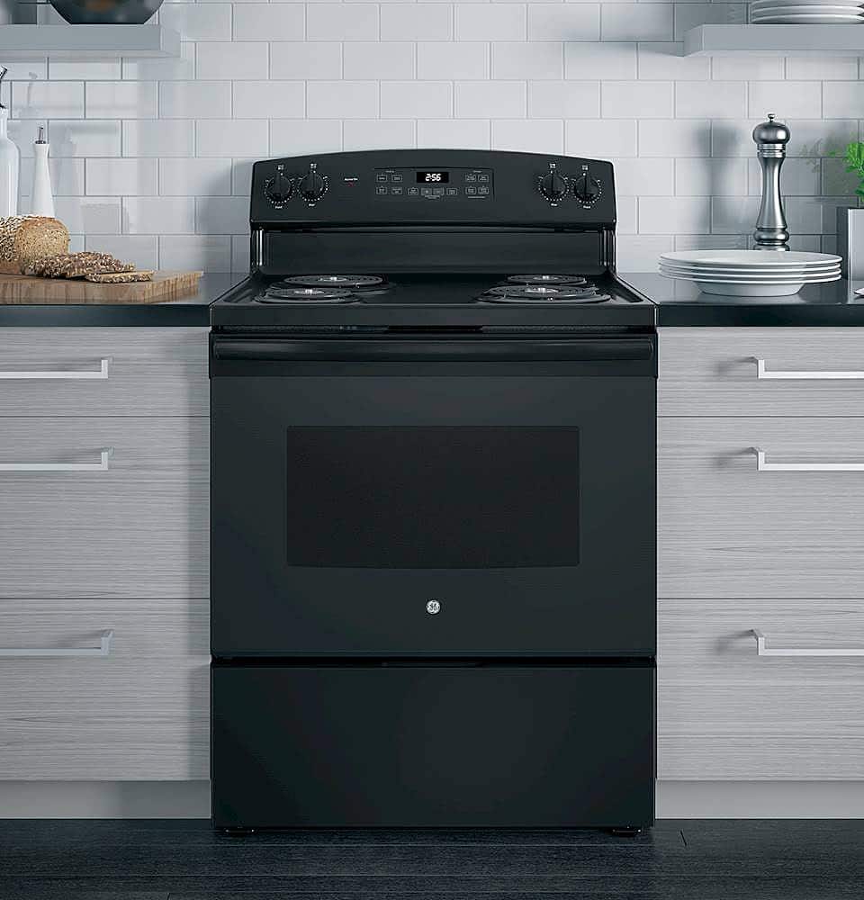 GE - 30 in. Wide 4 Elements 5.0 Cu. Ft. Freestanding Electric Range with Self-Cleaning and Porcelain-Enamel Cooktop Surface - Black
