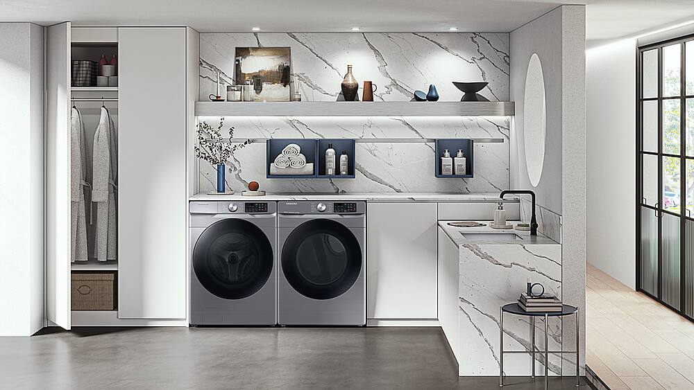 Samsung - 7.5 Cu. Ft. Stackable Smart Gas Dryer with Steam Sanitize+ - Platinum