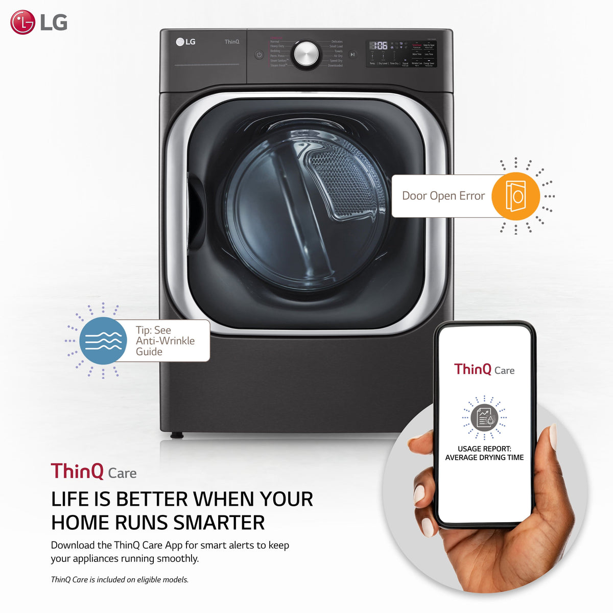 LG - 9.0 Cu. Ft. Stackable Smart Gas Dryer with Steam and Built-In Intelligence - Black Steel