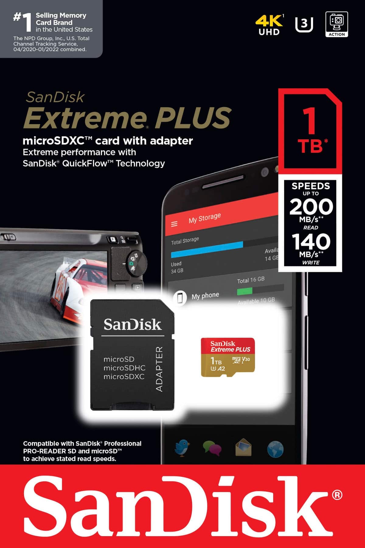 SANDISK - 1TB Extreme PLUS microSDXC UHS-I Memory Card, R/W up to 200/140MB/s