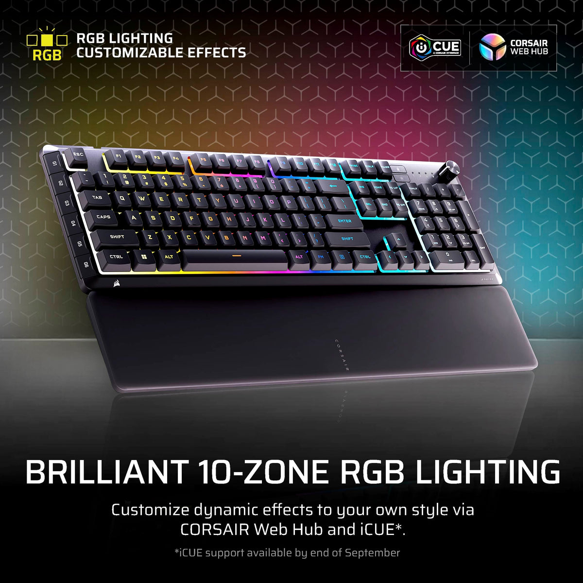 CORSAIR - SKIFF 100 PLUS Gaming Keyboard – 10-Zone RGB – 100% - Rotary Dial - Quiet, Responsive Switches – IP53 - Black