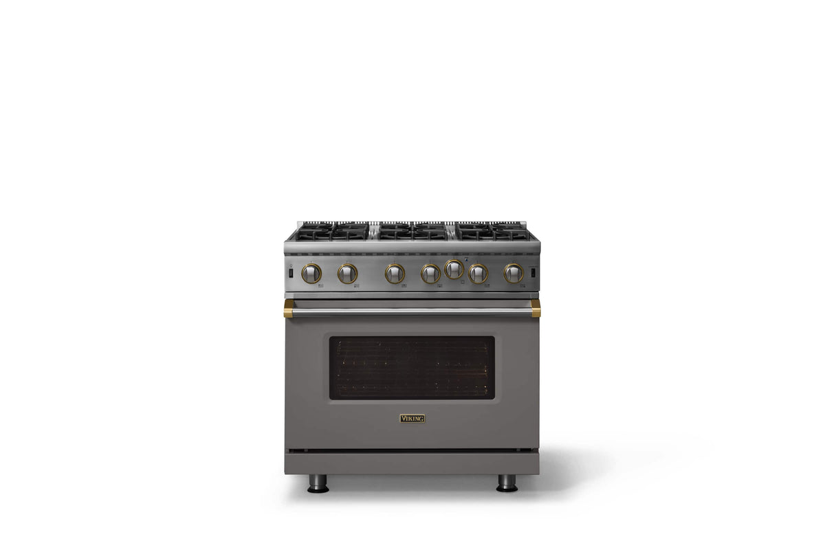 Viking - 30"W. 5.1 Cu. Ft. Freestanding Manual Clean Open Burner LP Gas Convection Range-Damascus Gray w. Brushed Brass Trim - Damascus Gray