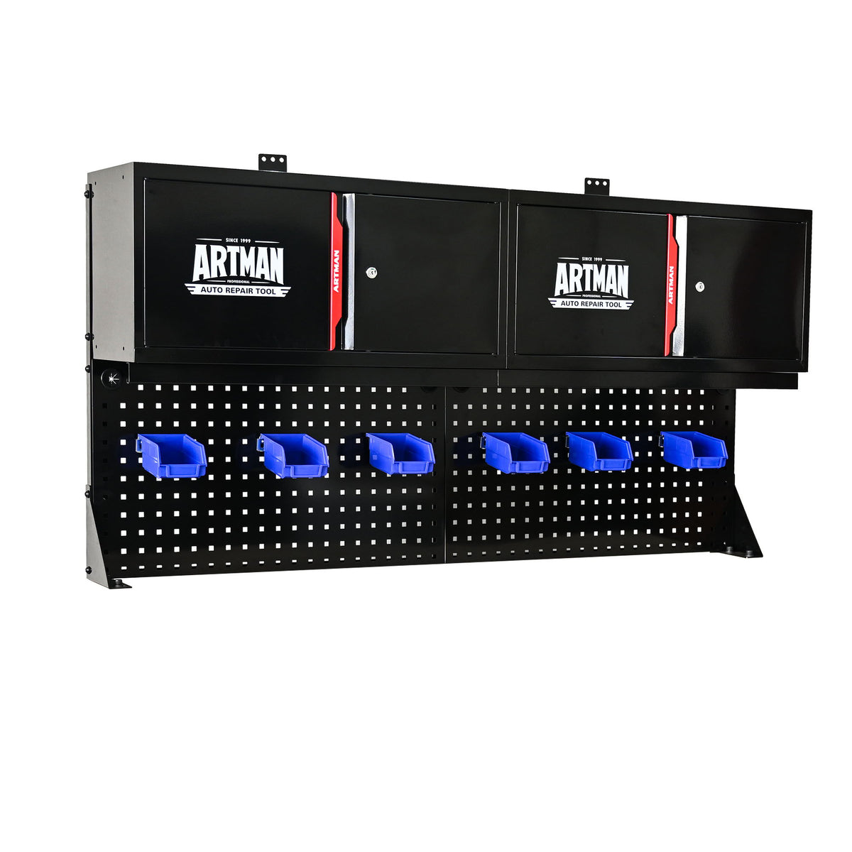 Wall Mounted Double Door Storage Cabinet With Tool Rack And Hooks, Stainless Steel - Black / Red