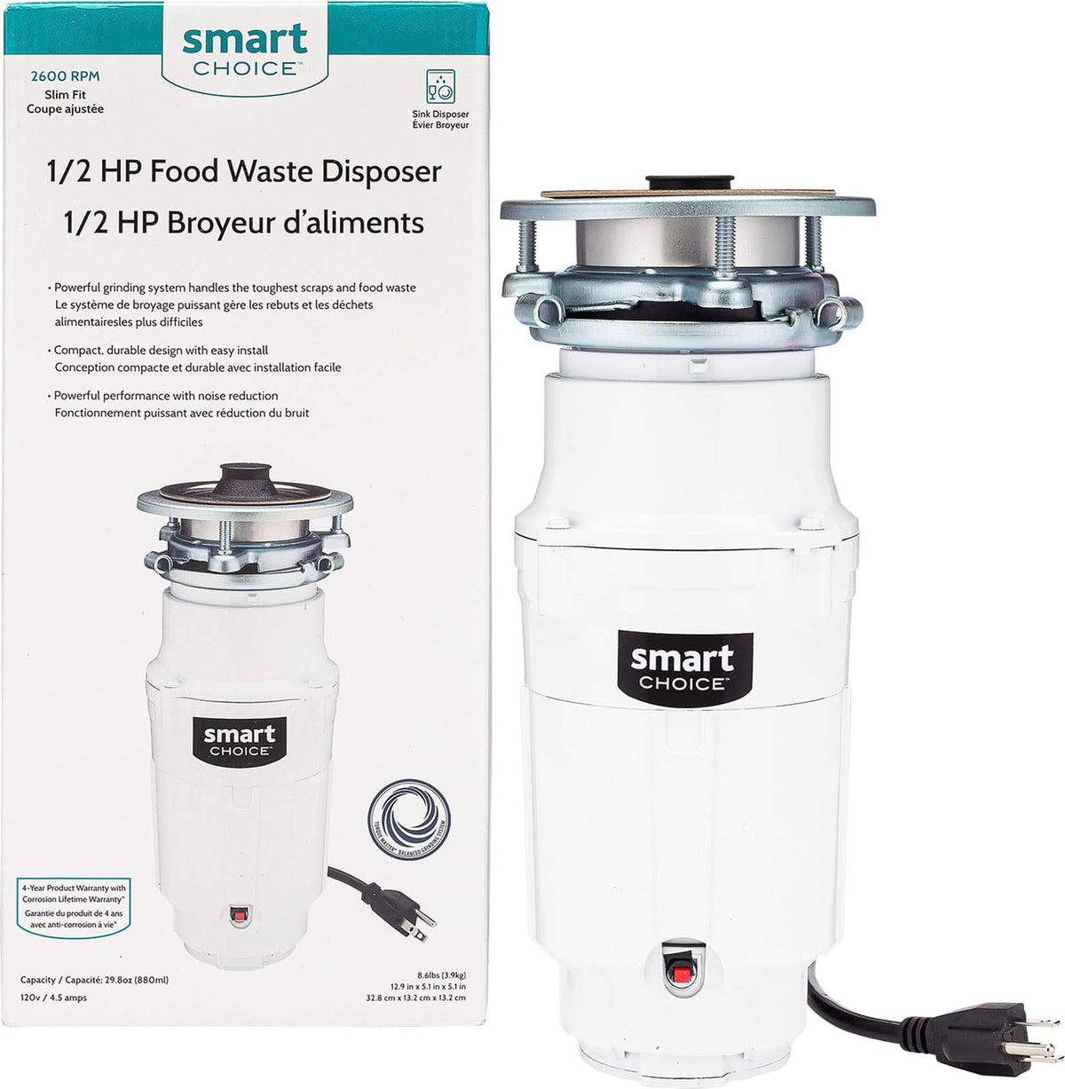 Smart Choice - 1/2HP Corded Garbage Disposal - White