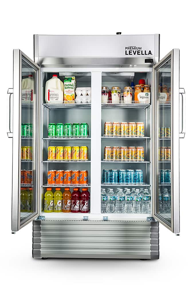 Premium Levella - 40 in. Wide 21.0 cu. ft. 2-Door Commercial Merchandiser Refrigerator Glass-Door Beverage Display Cooler - Stainless Steel