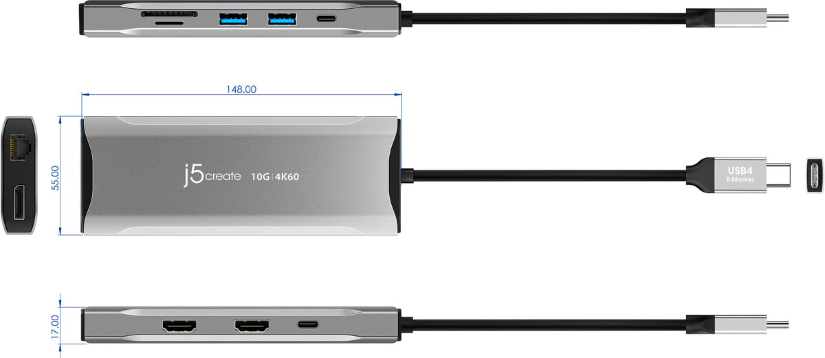 j5create - 4K60 Elite USB-C Triple-Monitor 10Gbps Mini Dock - Space Gray