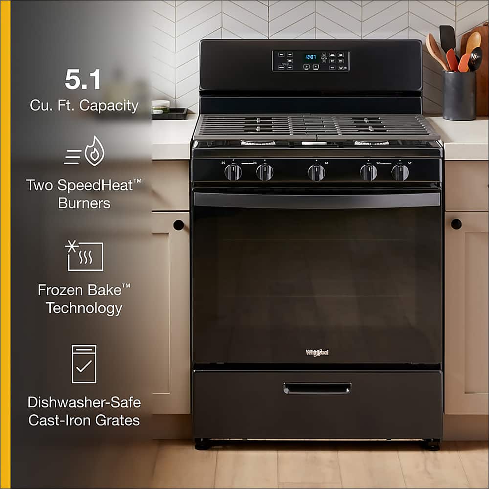 Whirlpool - 30 in. Wide 5 burners 5.1 cu. ft. Freestanding Gas Range with Edge to Edge Cooktop - Black