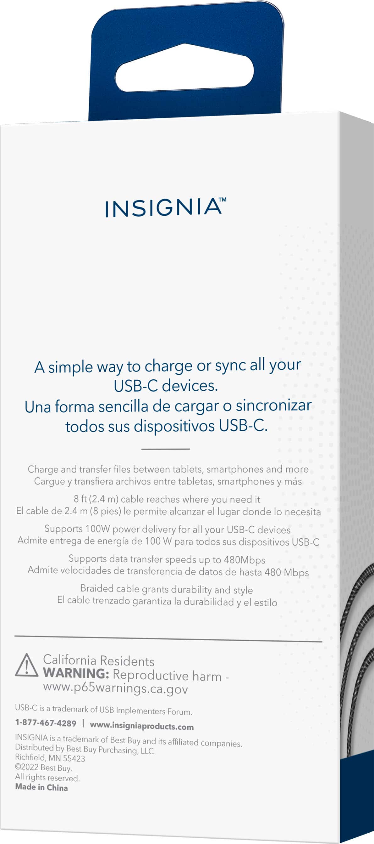 Insignia™ - 8ft 100W USB-C to USB-C Charge-and-Sync Braided Cable - Black