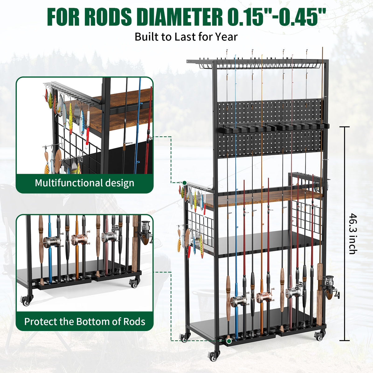 Estante para cañas de pescar con panel perforado, carrito organizador de aparejos rodante - Negro