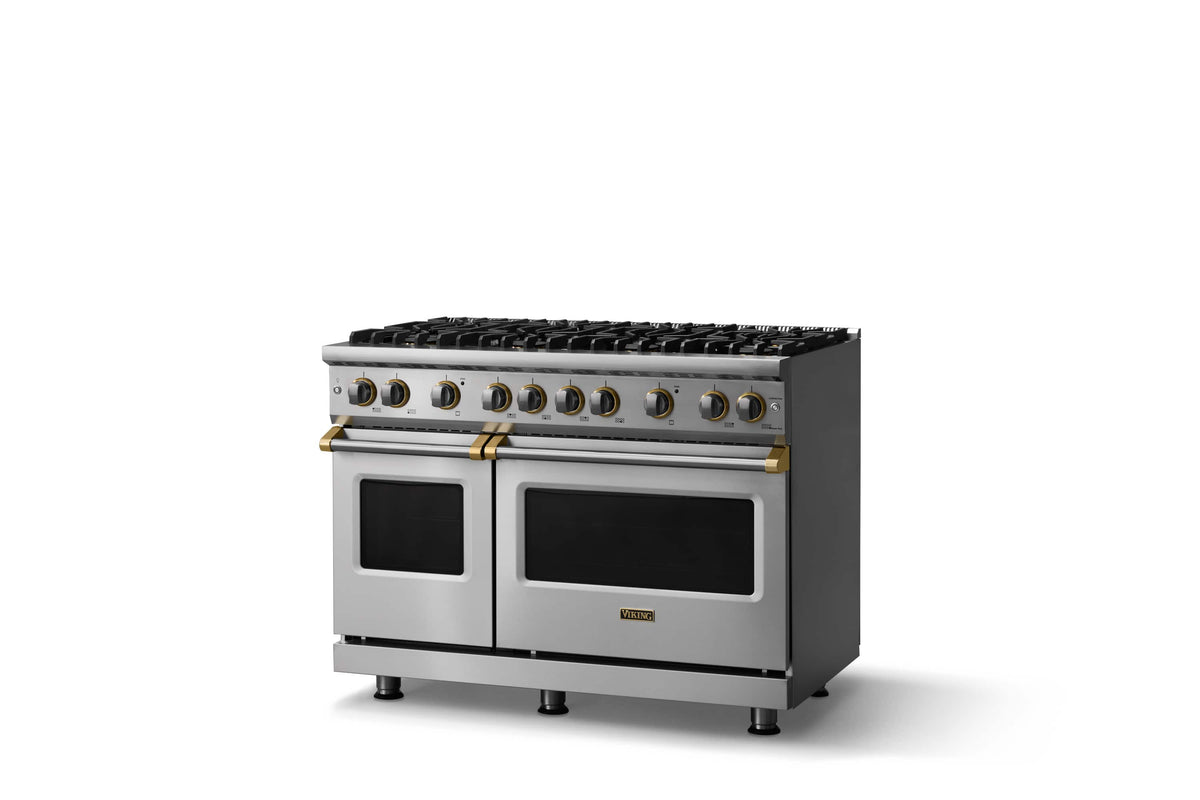 Viking - 48"W. 6.1 Cu.Ft. Freestanding Manual Clean Sealed 8B LP Gas Convection Range/Double Oven-Stainless Steel/Brushed Brass - Stainless Steel