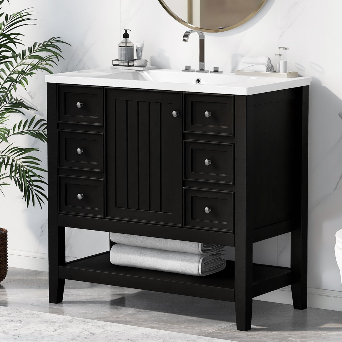Mueble de baño con lavabo de 36", 2 puertas y 3 cajones - Negro