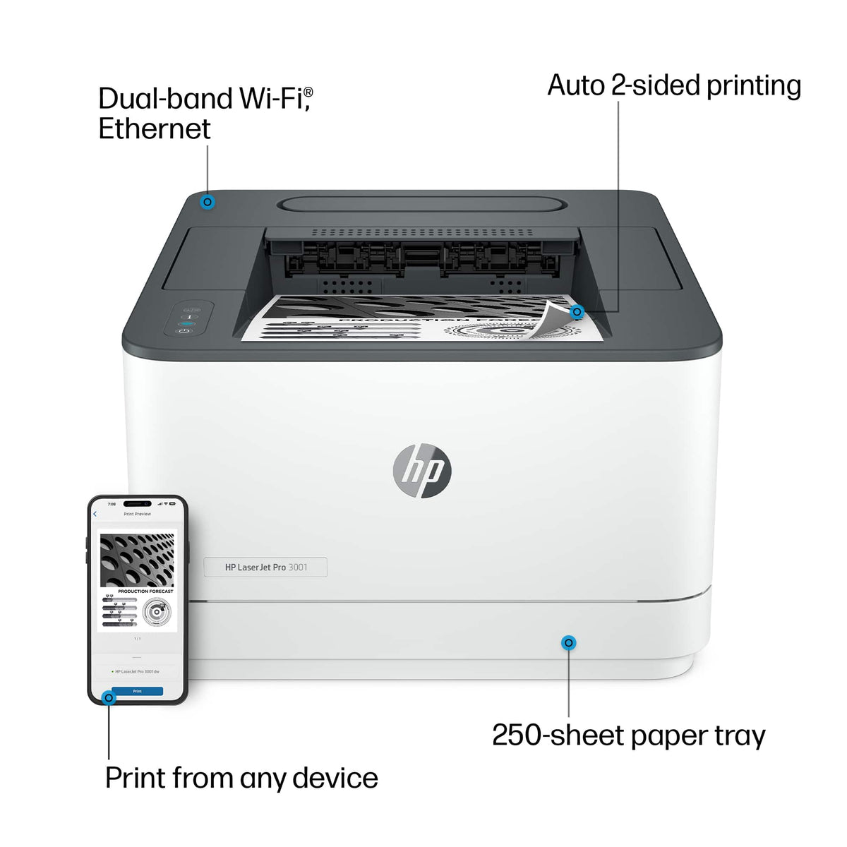 HP - LaserJet Pro 3001dw Wireless Black-and-White Laser Printer - White