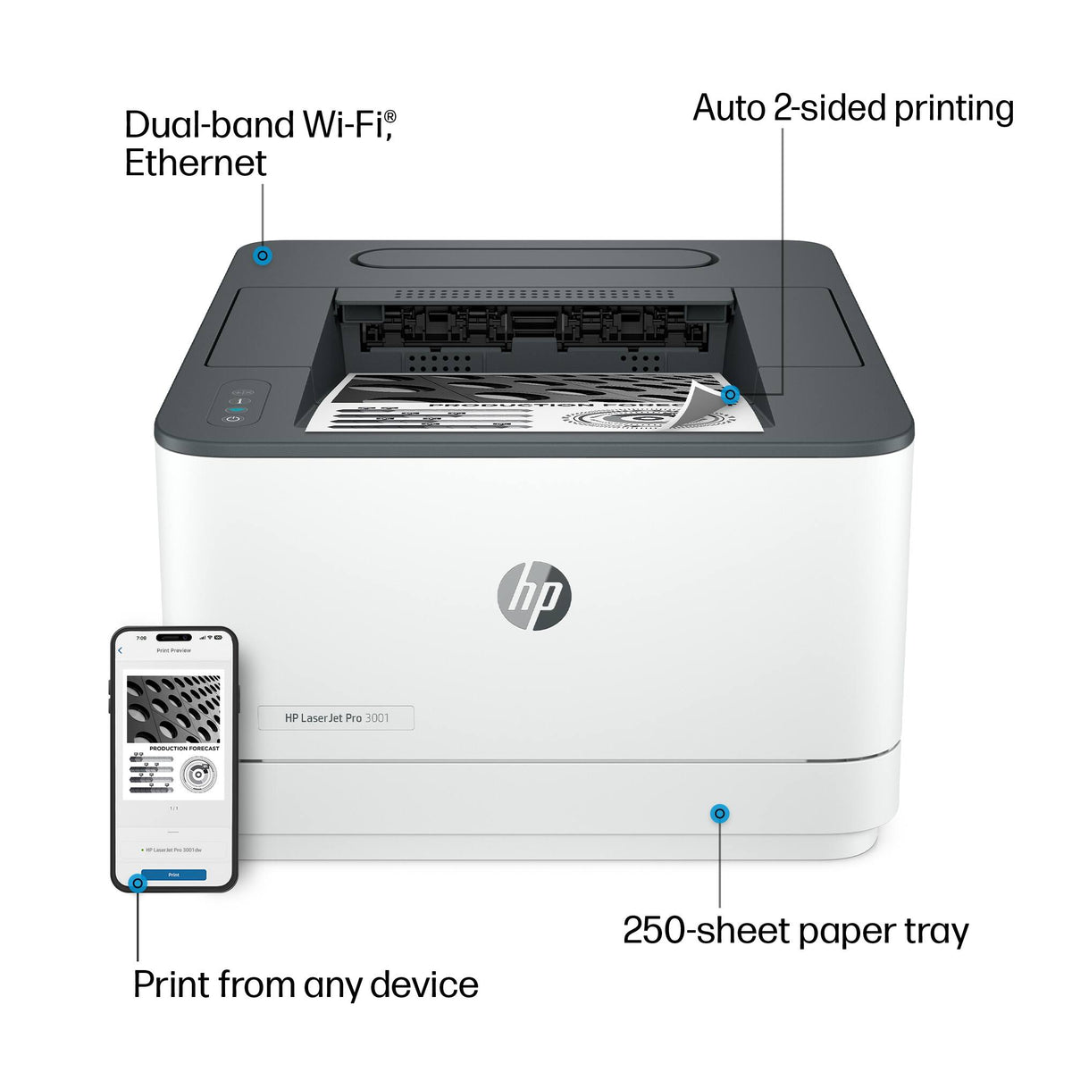HP - LaserJet Pro 3001dw Wireless Black-and-White Laser Printer - White
