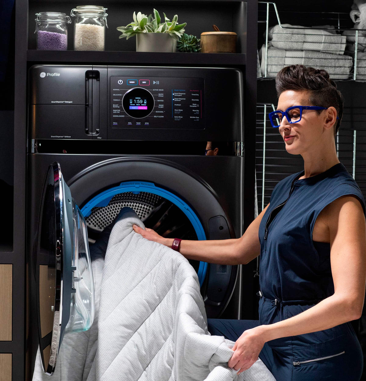 GE Profile - UltraFast 4.8 Cu. Ft. High-Efficiency Smart Front Load Washer and Electric Dryer Combo with Ventless Heat Pump - Carbon Graphite