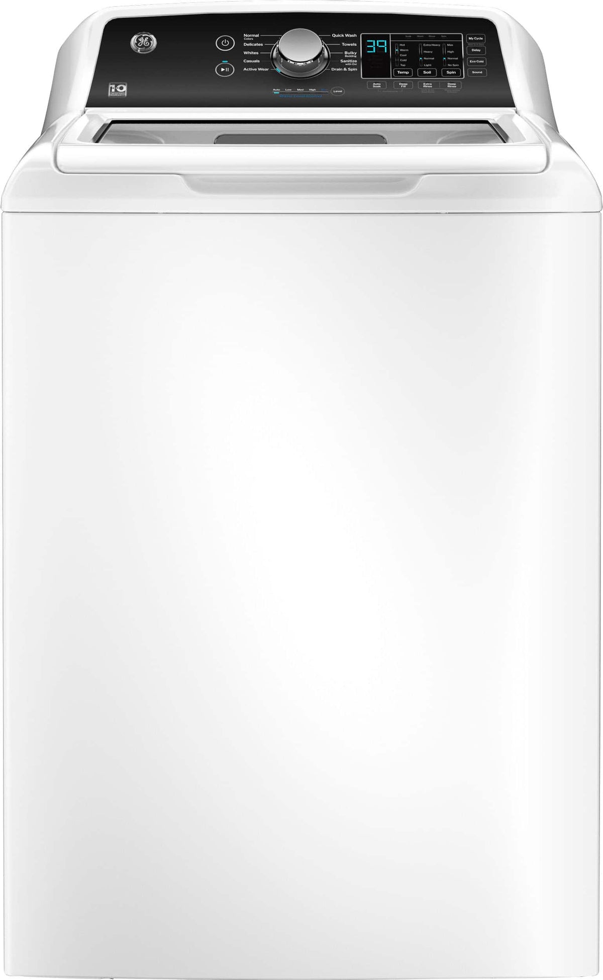 GE - 4.5 Cu. Ft. Top Load Washer with Water Level Control, Deep Fill, Quick Wash, and Glass Lid - White with Matte Black
