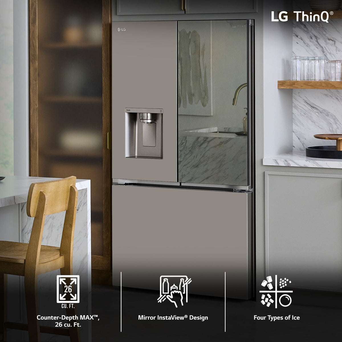 LG - 36-in Wide Counter-Depth MAX 25.5 Cu. Ft. French Door Smart Refrigerator with Mirror InstaView - Stainless Steel