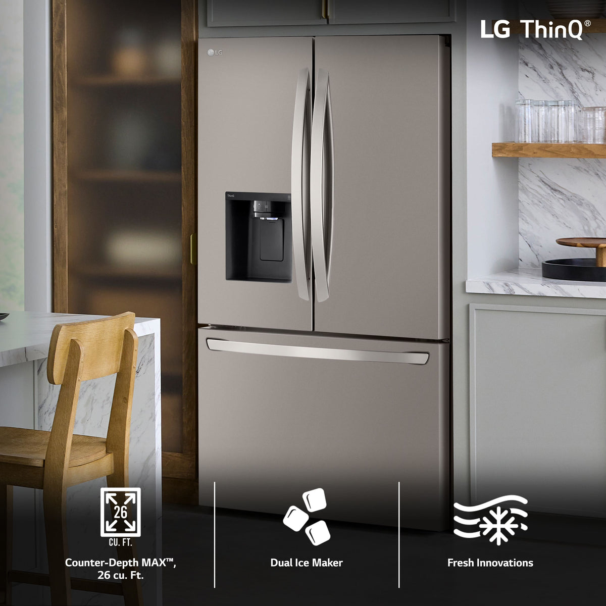 LG - 36-in Wide Counter-Depth MAX 25.5 Cu. Ft. French Door Smart Refrigerator with Dual Ice - Stainless Steel