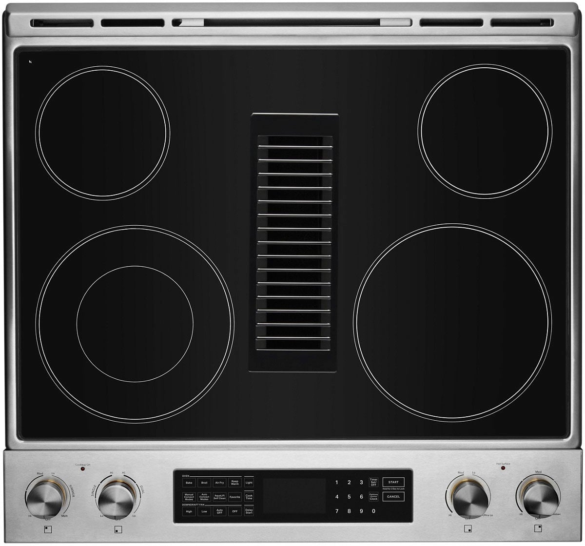 JennAir - 30 in. Wide 5 Elements RISE 6.2 Cu. Ft. Downdraft Slide-In Electric Convection Range with Dual-Choice Element - Stainless Steel