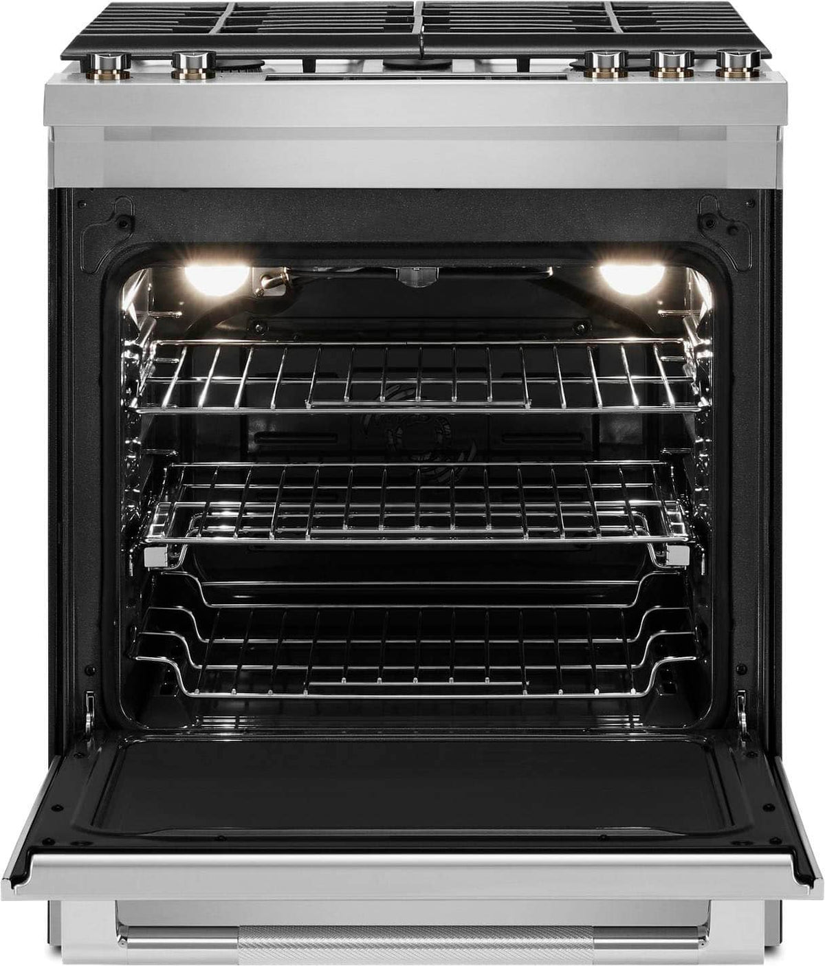 JennAir - 30 in. Wide 5 Burner 5.8 Cu. Ft. Slide-In Gas Convection Range with Self-cleaning and Air Fry - Stainless Steel