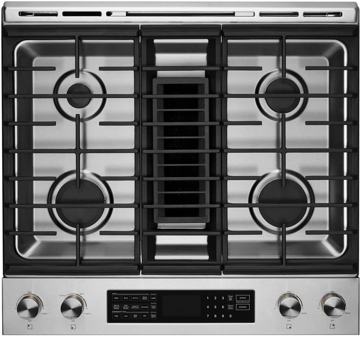 JennAir - 30 in. Wide 4 Burner 6.2 Cu. Ft. Slide-In Dual Fuel Convection Range with Self-Cleaning and Air Fry - Stainless Steel