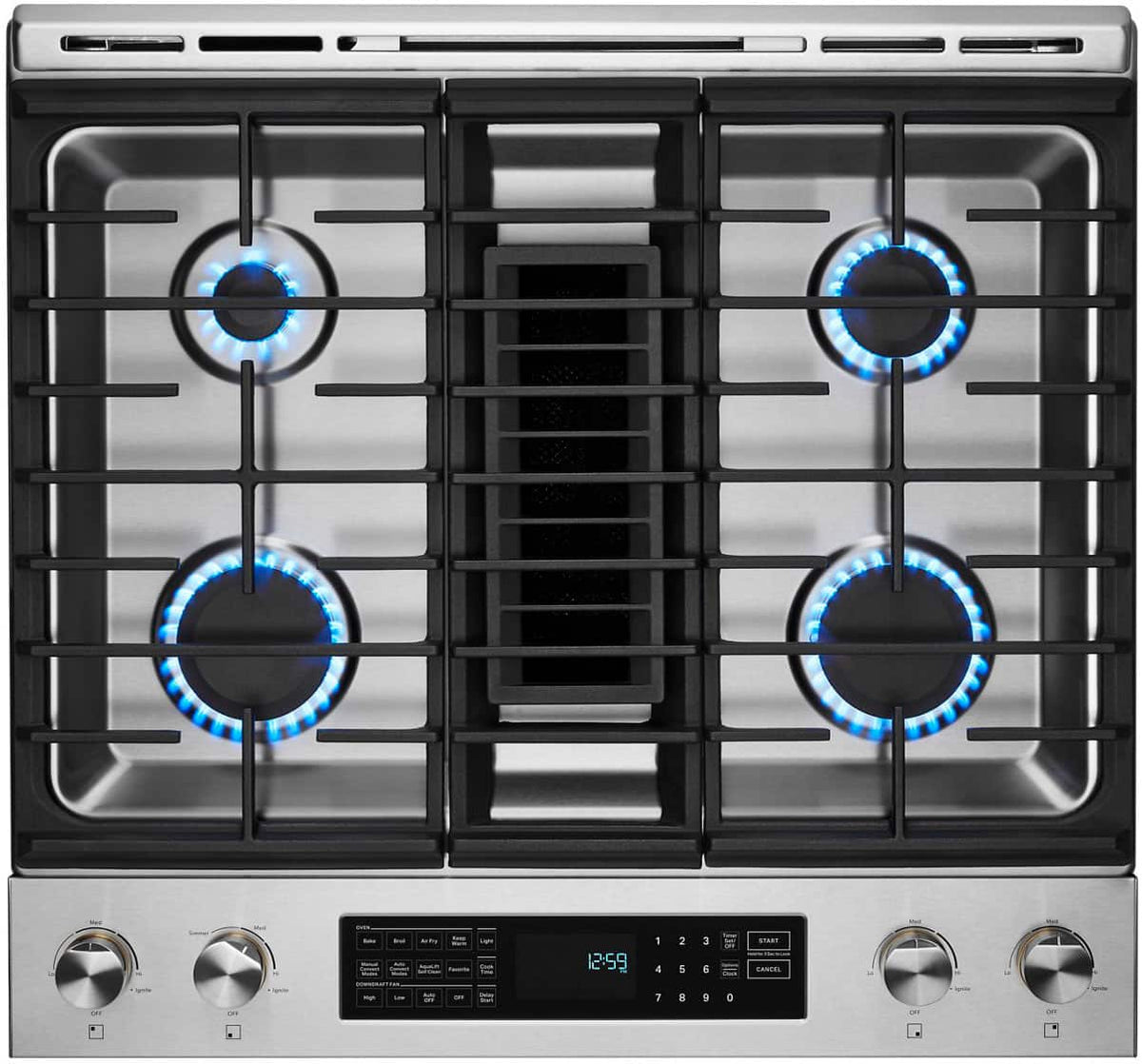 JennAir - 30 in. Wide 4 Burner 6.2 Cu. Ft. Slide-In Dual Fuel Convection Range with Self-Cleaning and Air Fry - Stainless Steel
