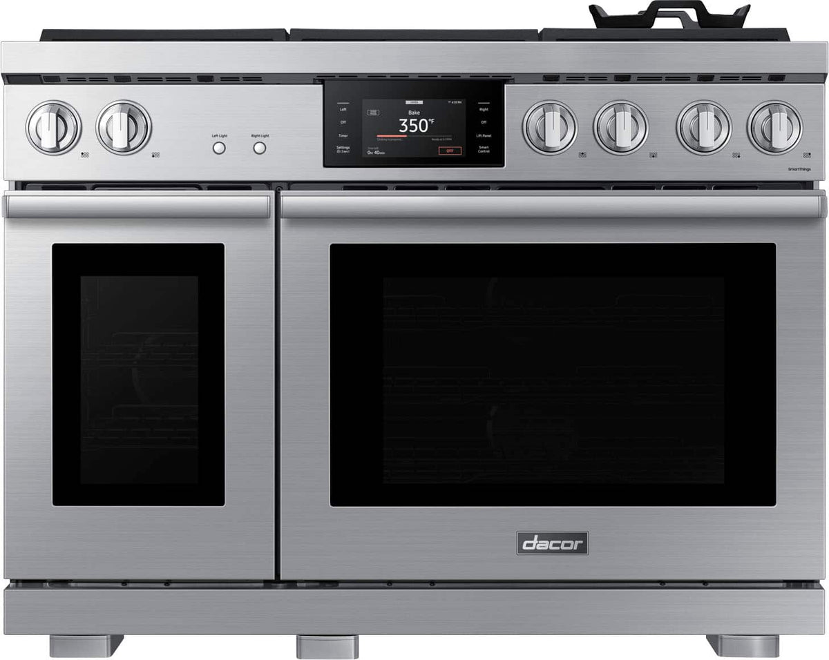 Dacor - 48 in. Wide 6 Burner Transitional 7.7 Cu. Ft. Slide-In Gas Four-Part Pure Convection Range with Self-Cleaning - Silver Stainless Steel