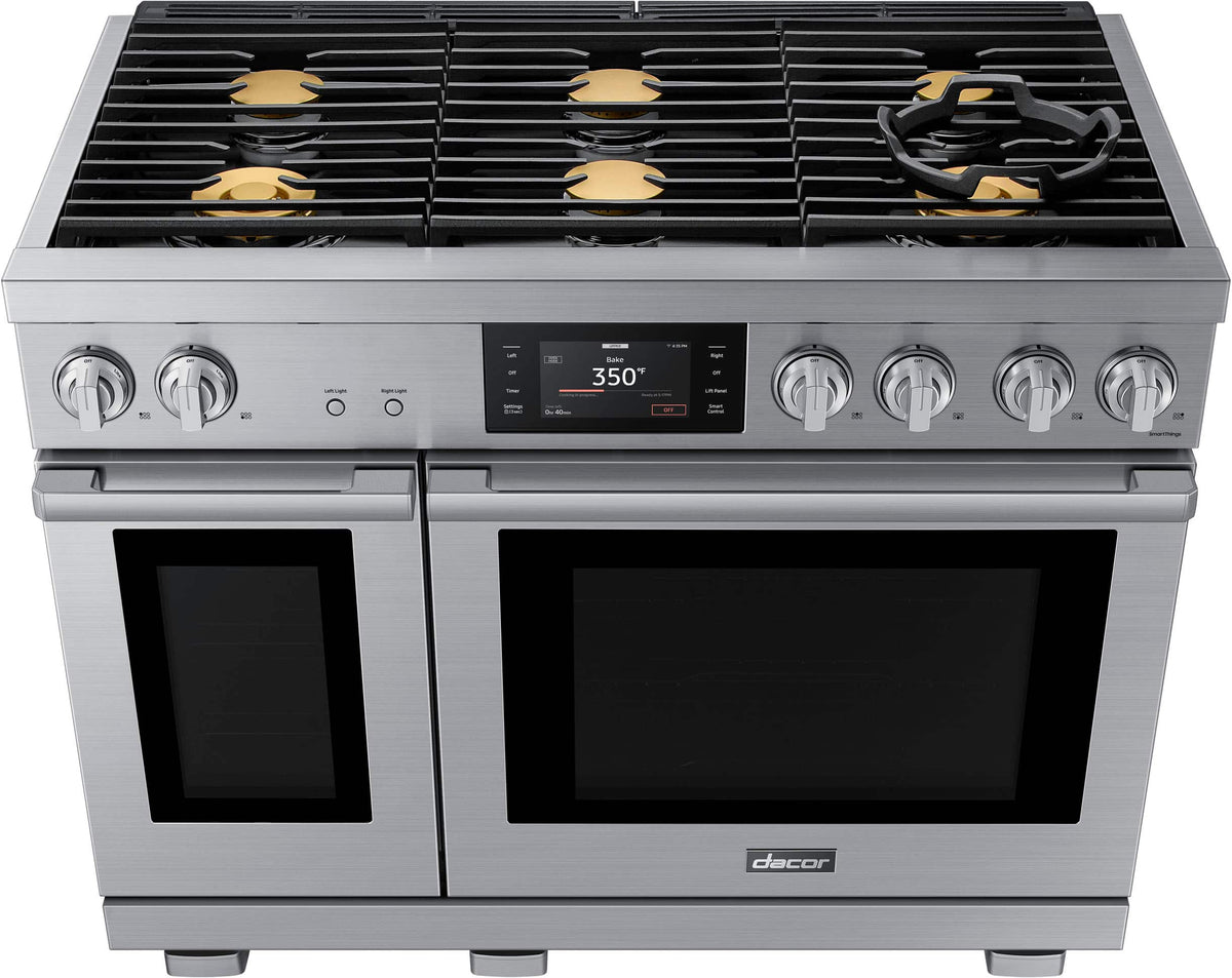 Dacor - 48 in. Wide 6 Burner Transitional 8.8 Cu. Ft. Slide-In Dual Fuel Four-Part Pure Convection Range with GreenClean - Silver Stainless Steel