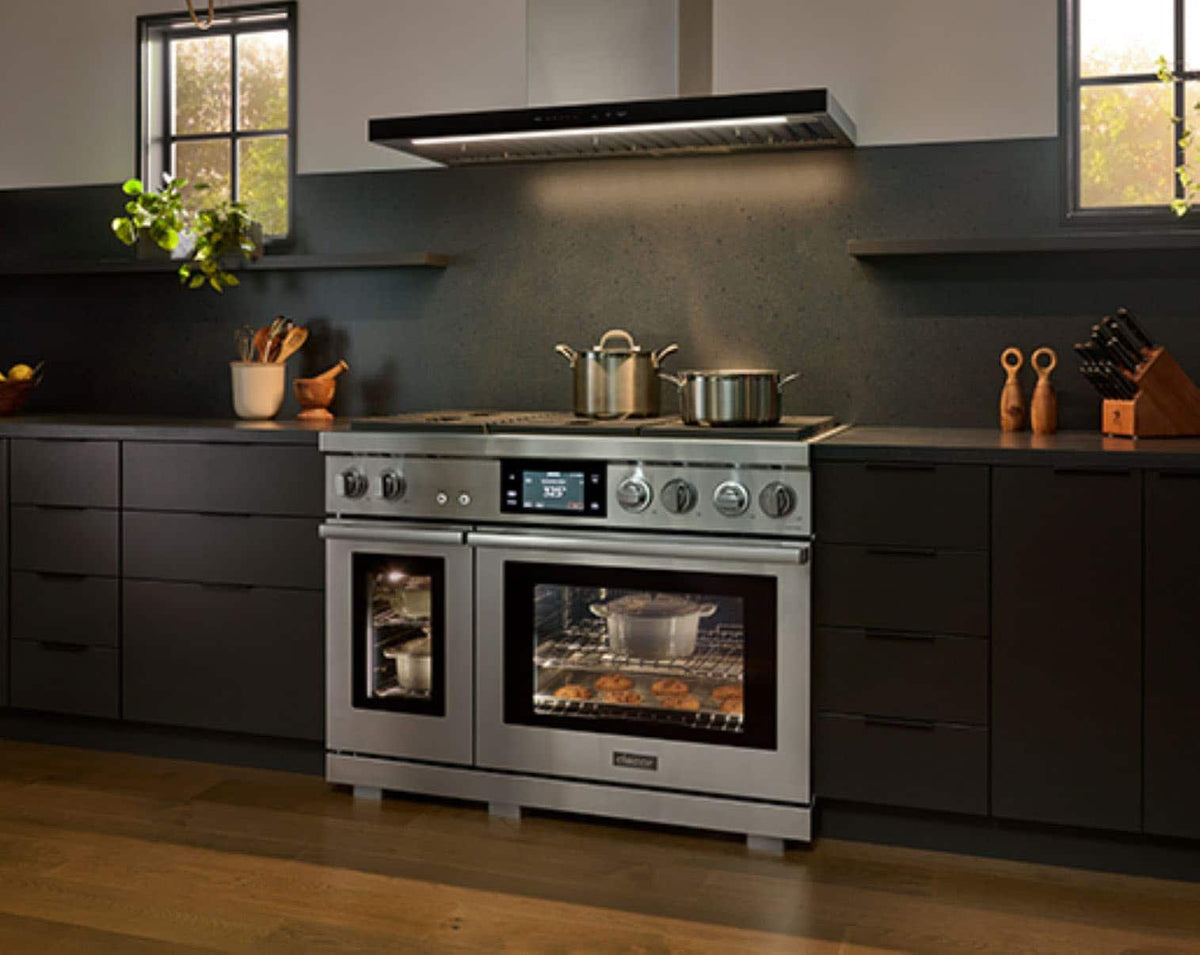 Dacor - 48 in. Wide 6 Burner Transitional 8.8 Cu. Ft. Slide-In Dual Fuel Four-Part Pure Convection Range with GreenClean - Silver Stainless Steel