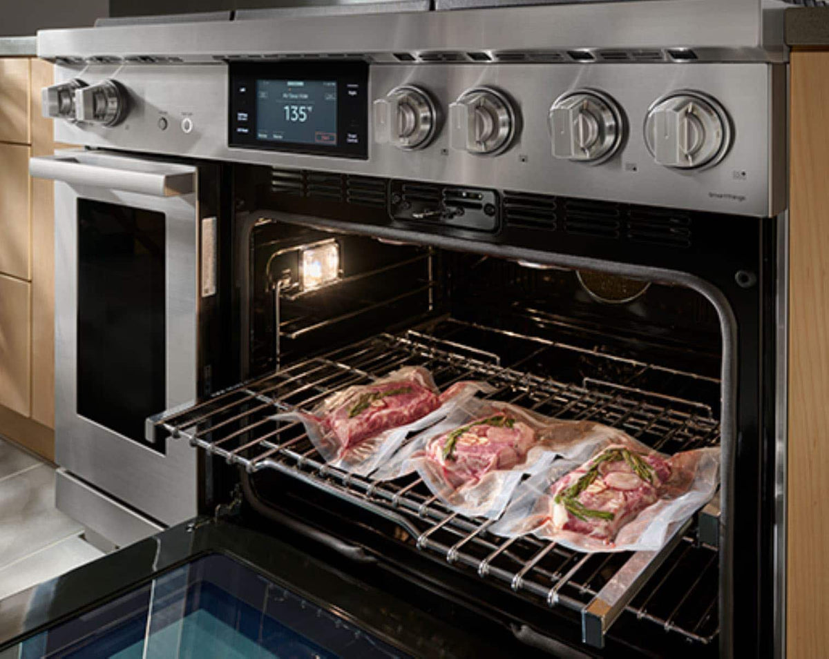 Dacor - 48 in. Wide 6 Burner Transitional 8.8 Cu. Ft. Slide-In Dual Fuel Four-Part Pure Convection Range with GreenClean - Silver Stainless Steel
