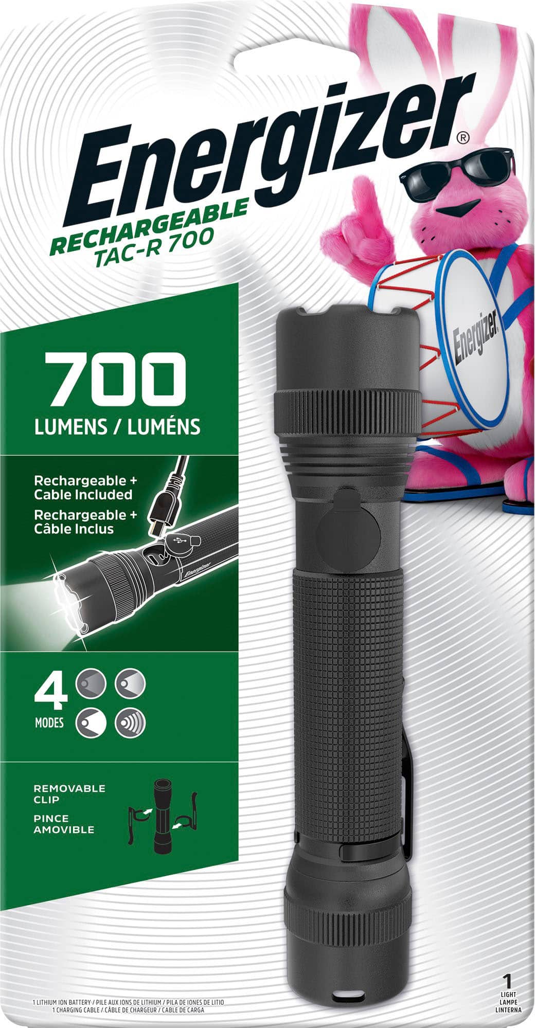 Energizer - TAC-R 700 Rechargeable Flashlight with Micro-USB Charging Cable - Black