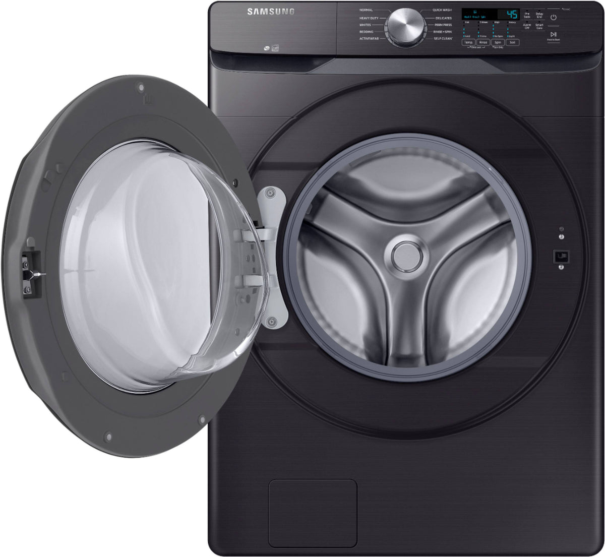 Samsung - Open Box 4.5 Cu. Ft. High Efficiency Stackable Front Load Washer with Steam and Vibration Reduction Technology+ - Black Stainless Steel
