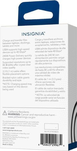 Insignia™ - 3.28ft (1m) Thunderbolt 4 cable, USB-C to USB-C Cable Supports 8K Display / 40Gbps Data Transfer / 240W Power Delivery - Black/Gray