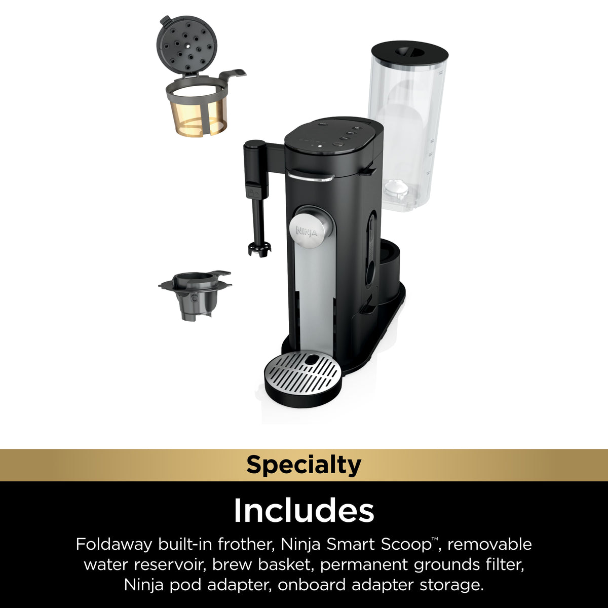 Ninja - Pods & Grounds Specialty Single-Serve Iced Coffee Maker, K-Cup Pod Compatible with Foldaway Milk Frother - Black