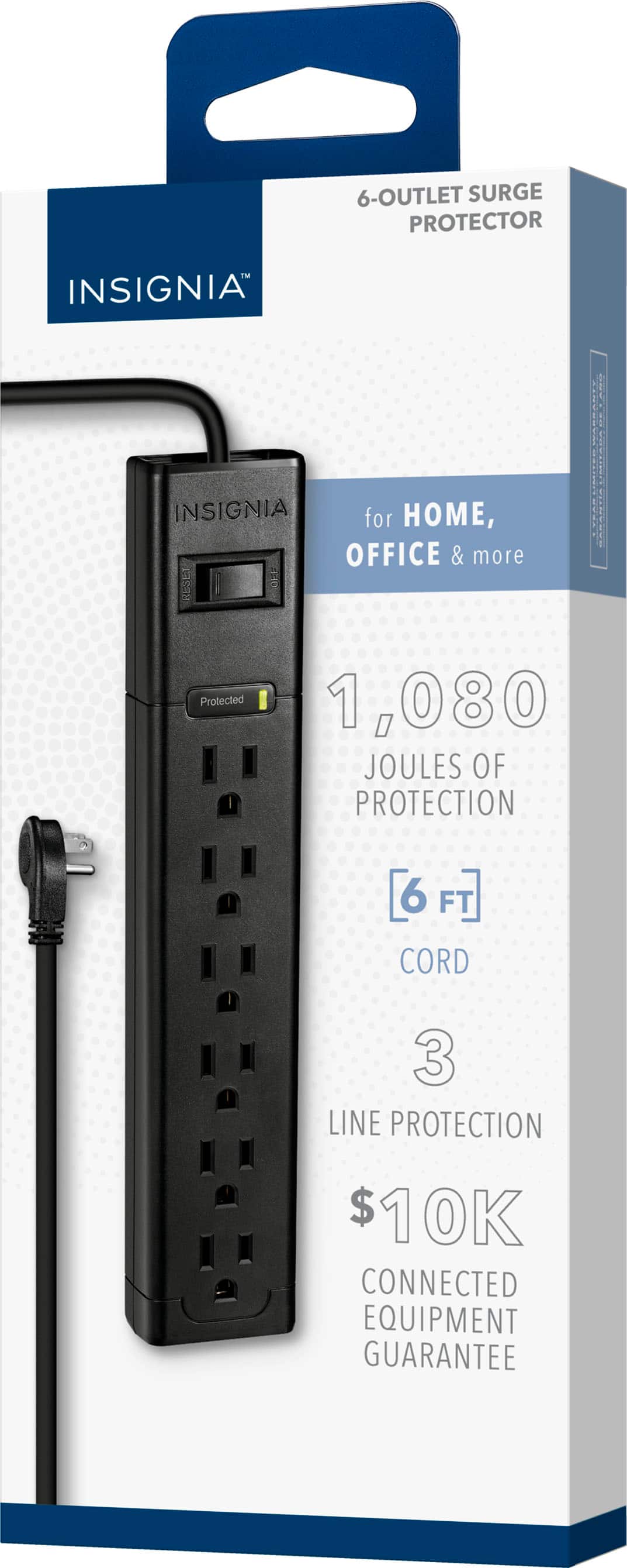Insignia™ - 6-Outlet 1,080 Joules Surge Protector - Black