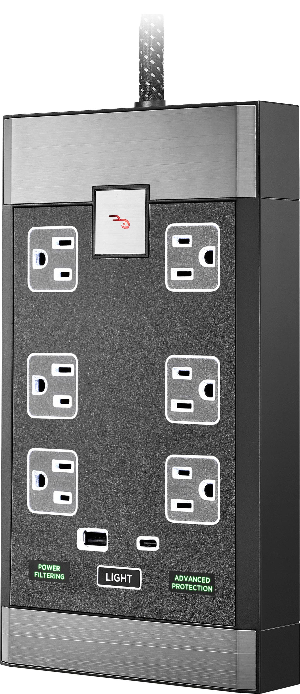 Rocketfish™ - 6-Outlet Strip Premium/1-USB-C/1-USB 2,880 Joules Surge Protector - Black