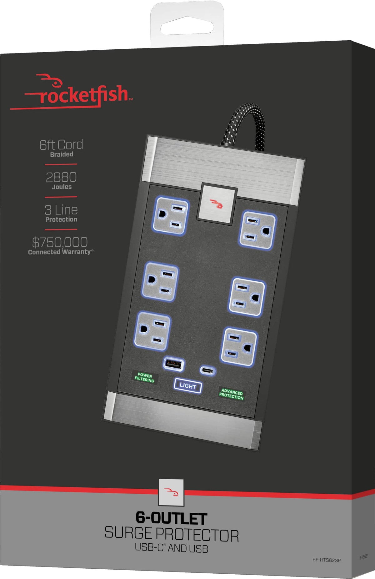 Rocketfish™ - 6-Outlet Strip Premium/1-USB-C/1-USB 2,880 Joules Surge Protector - Black