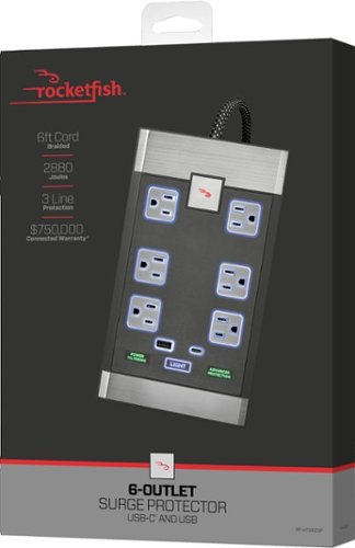 Rocketfish™ - 6-Outlet Strip Premium/1-USB-C/1-USB 2,880 Joules Surge Protector - Black