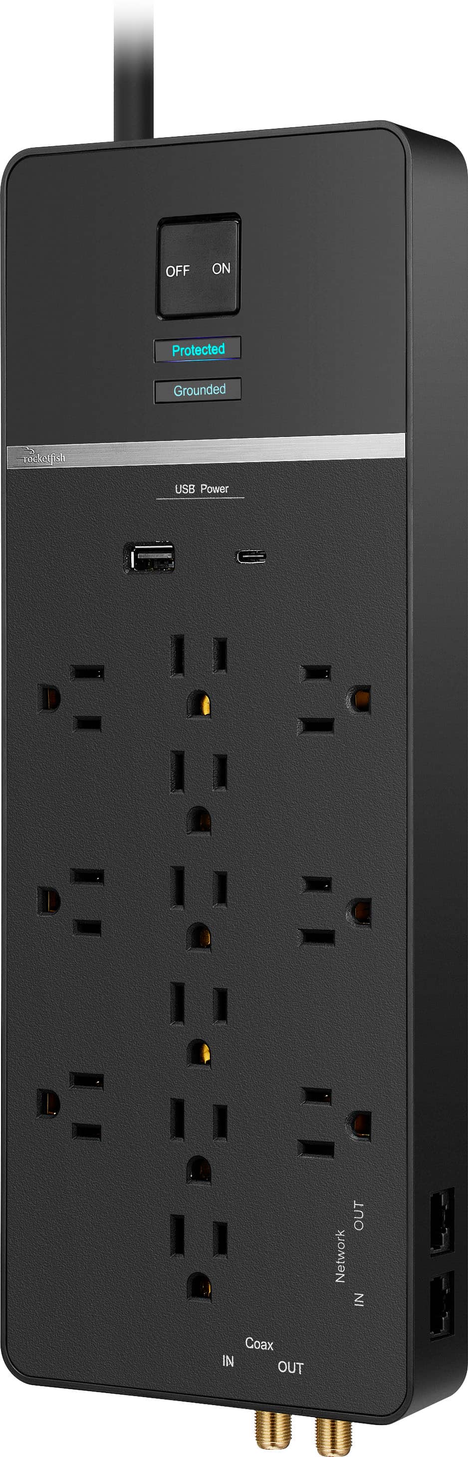 Rocketfish™ - 12-Outlet Strip/1-USB-C/1-USB 4,680 Joules Surge Protector - Black