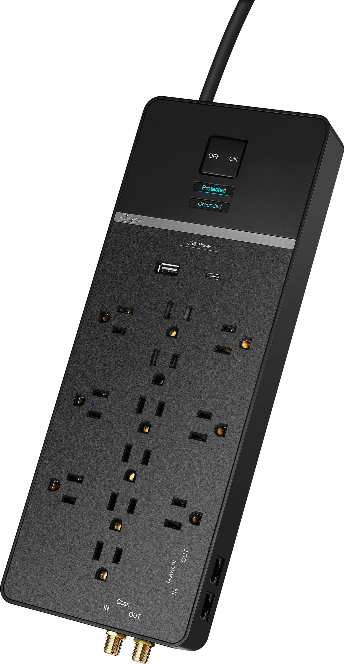 Rocketfish™ - 12-Outlet Strip/1-USB-C/1-USB 4,680 Joules Surge Protector - Black