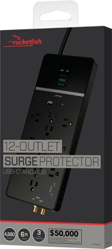 Rocketfish™ - 12-Outlet Strip/1-USB-C/1-USB 4,680 Joules Surge Protector - Black