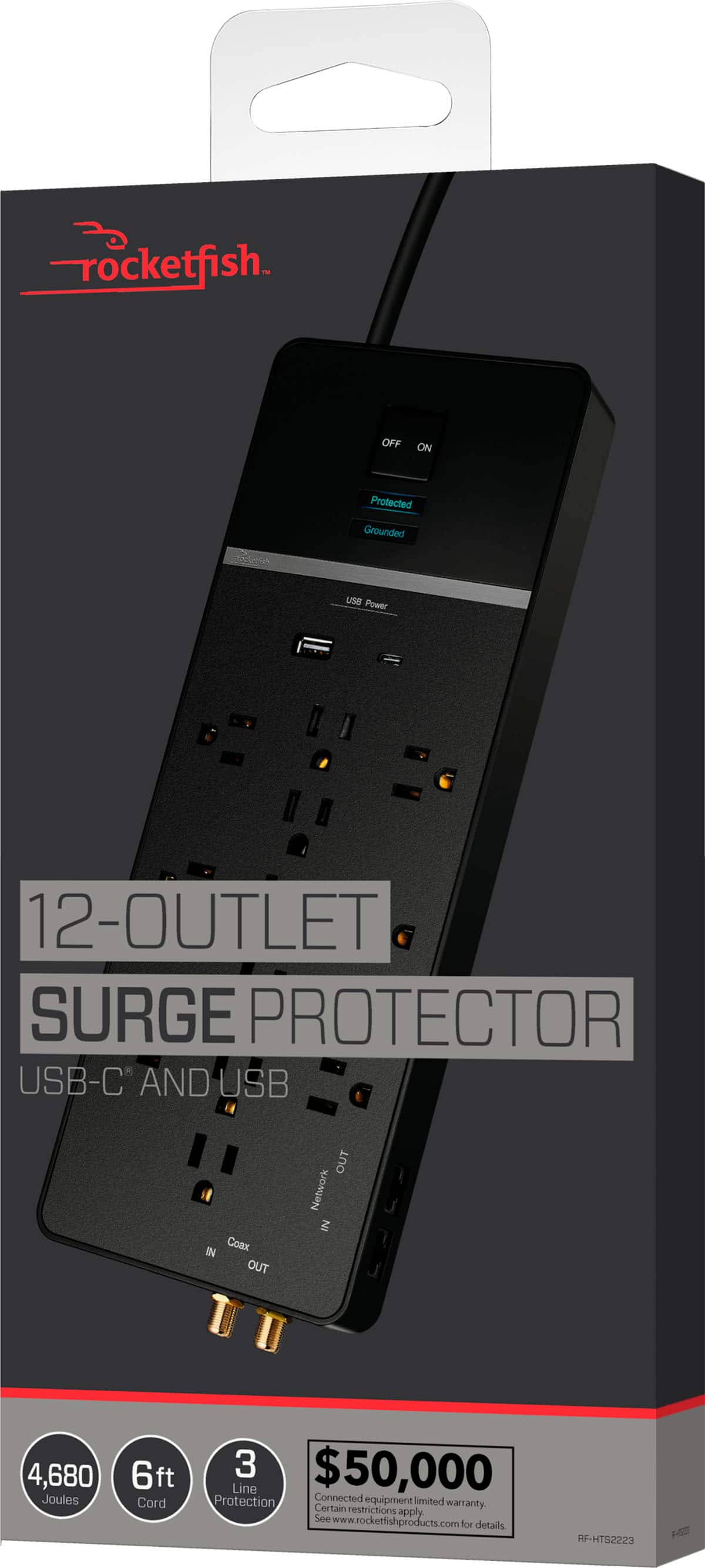 Rocketfish™ - 12-Outlet Strip/1-USB-C/1-USB 4,680 Joules Surge Protector - Black