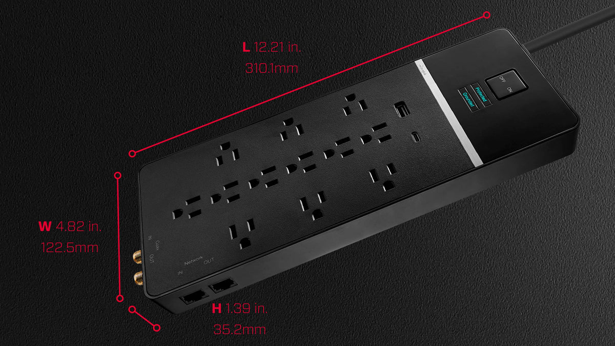 Rocketfish™ - 12-Outlet Strip/1-USB-C/1-USB 4,680 Joules Surge Protector - Black