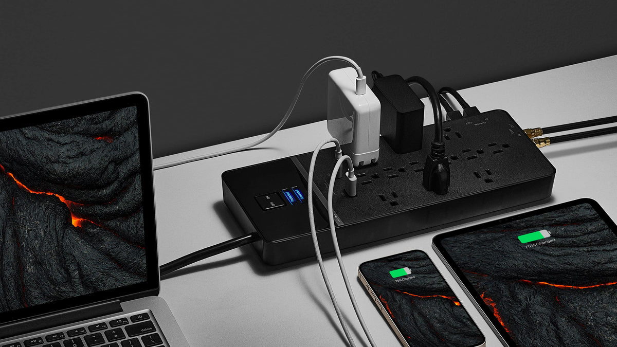 Rocketfish™ - 12-Outlet Strip/1-USB-C/1-USB 4,680 Joules Surge Protector - Black