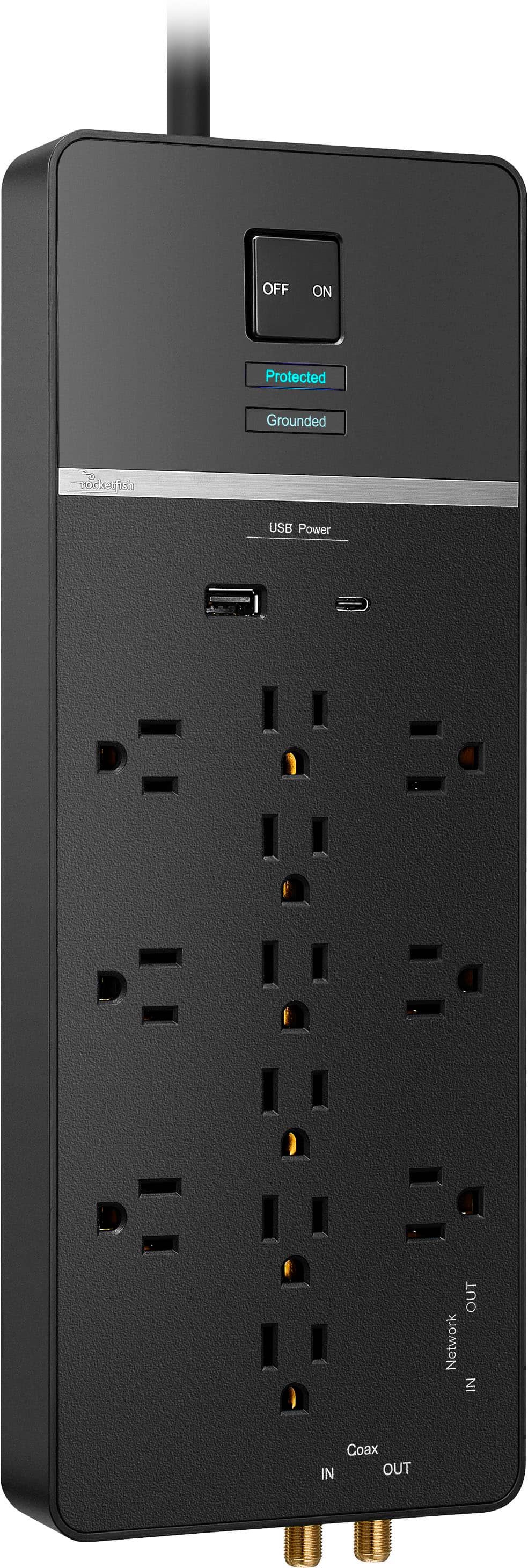 Rocketfish™ - 12-Outlet Strip/1-USB-C/1-USB 4,680 Joules Surge Protector - Black