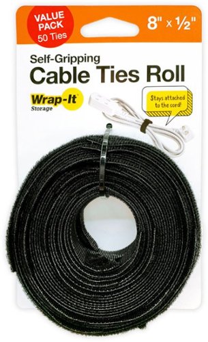 Wrap-It Storage - Self-Gripping Cable Ties Roll - 8-inch (50-Pack) Reusable Hook and Loop Ties - Black