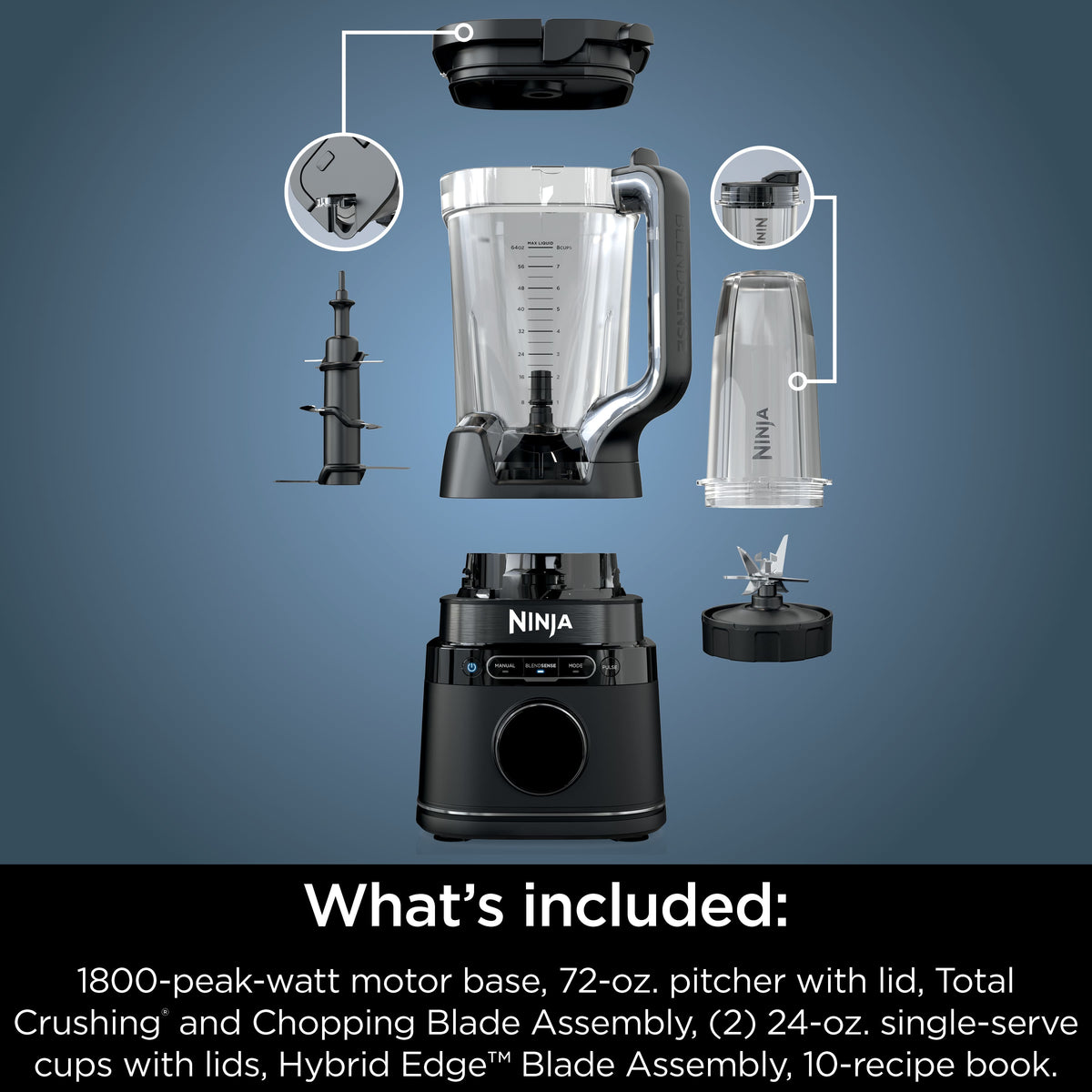 Ninja - Detect Power Blender Pro + Personal Single-Serve, BlendSense Technology, 1800PW, 72 oz. Pitcher, To-Go Cups - Black