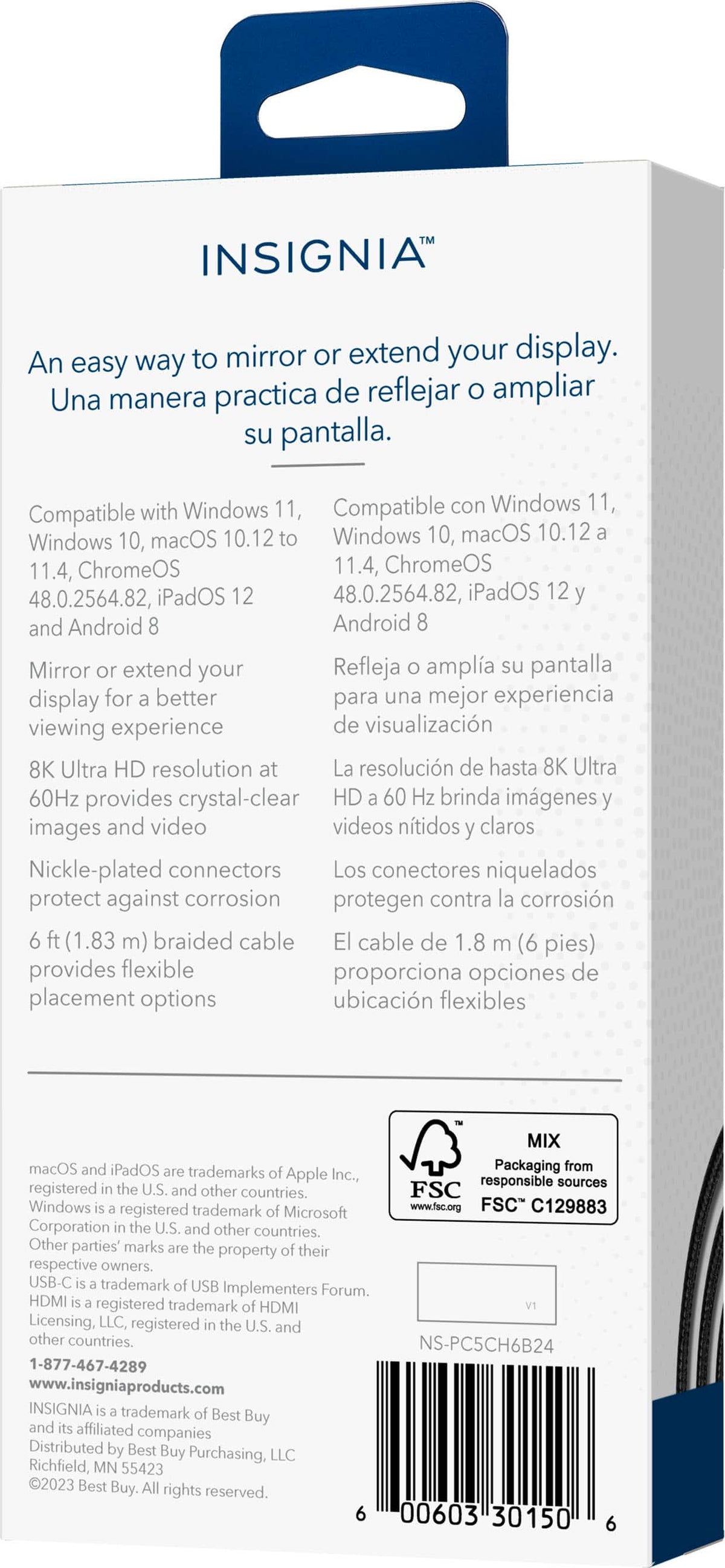 Insignia™ - 6’ 8K Ultra HD USB-C to HDMI 2.1 Braided Cable - Black