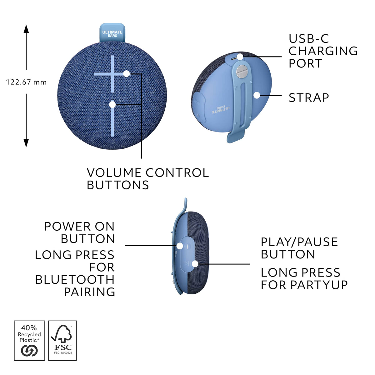 Ultimate Ears - MINIROLL Ultra-Portable Waterproof Bluetooth Speaker with 131 ft Range - Majestic Blue