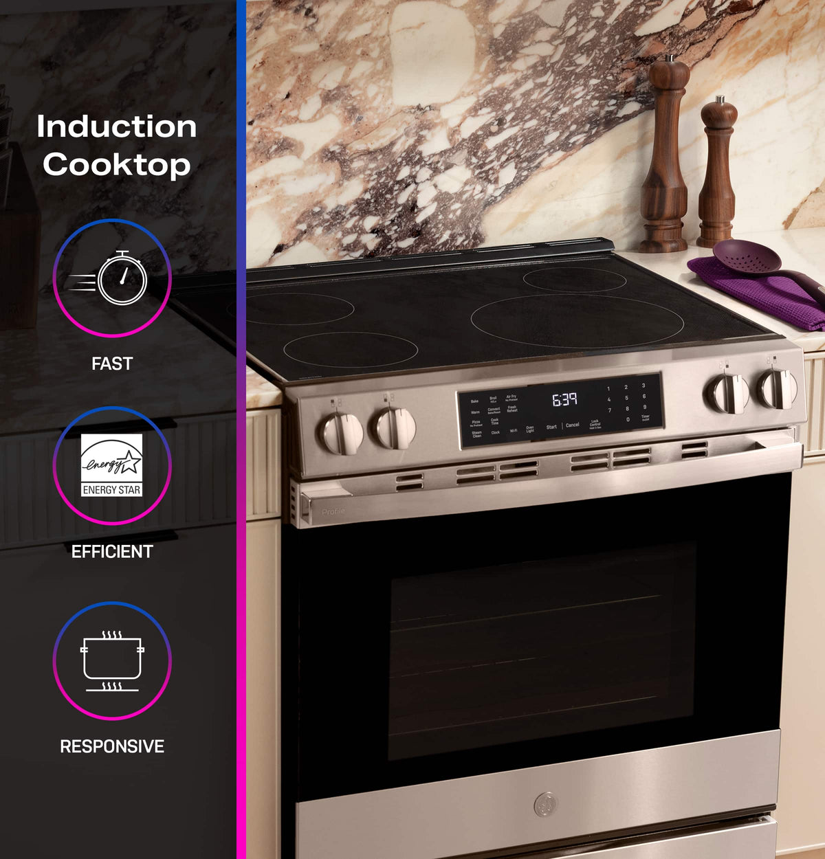 GE Profile - 30 in. Wide 4 Elements 5.3 Cu. Ft. Slide-In Electric Induction Convection Range with Air Fry and EasyWash Oven Tray - Stainless Steel