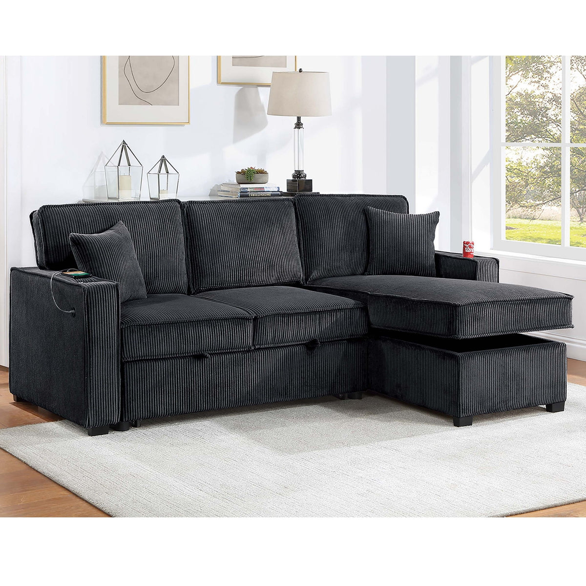 Sofá seccional convertible con puerto USB / USB-C, chaise longue con almacenamiento y cama extraíble